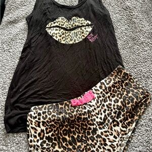 Betsy Johnson Sleepwear set. Black Tank with Leopard Print Cheeky Shorts. Size M